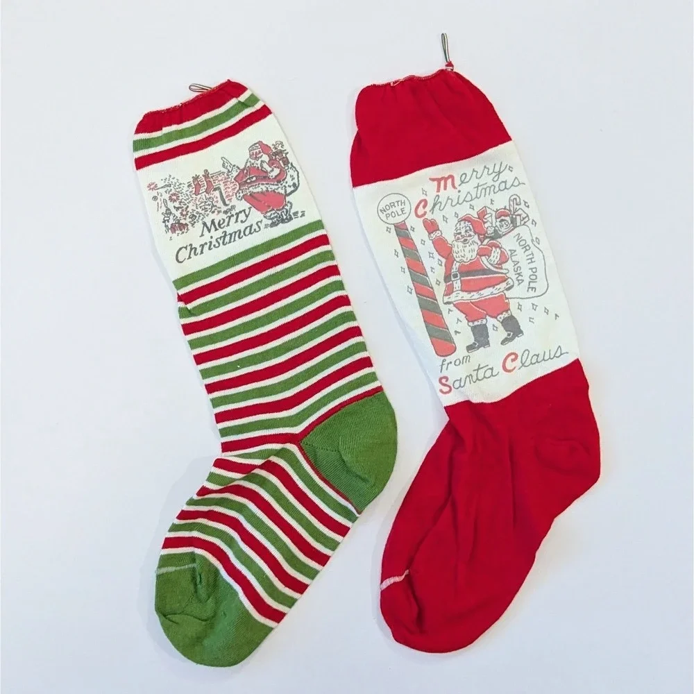 Vintage Christmas Sock Stocking MCM Retro Santa Image Red Green Stripe -Set of 2